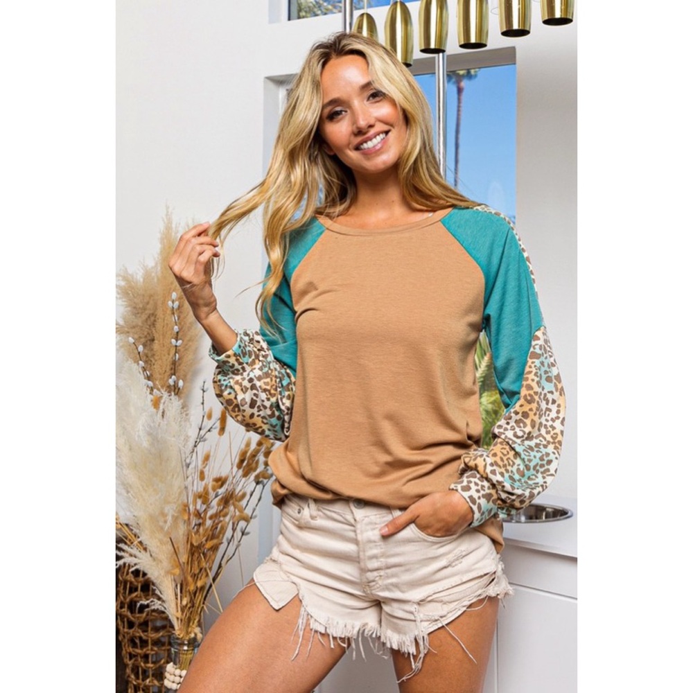 NEW! BiBi Camel/Turquoise French Terry Color Block Leopard Detail Top! - Picture 5 of 10